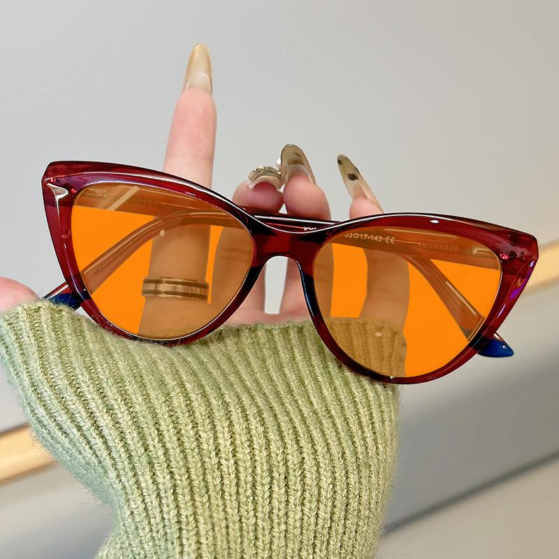 Women's INS Style Red & Orange Lens Blue Light Blocking Glasses Retro Cat-Eye Anti-Glare Night Vision Glasses Gaming Goggles