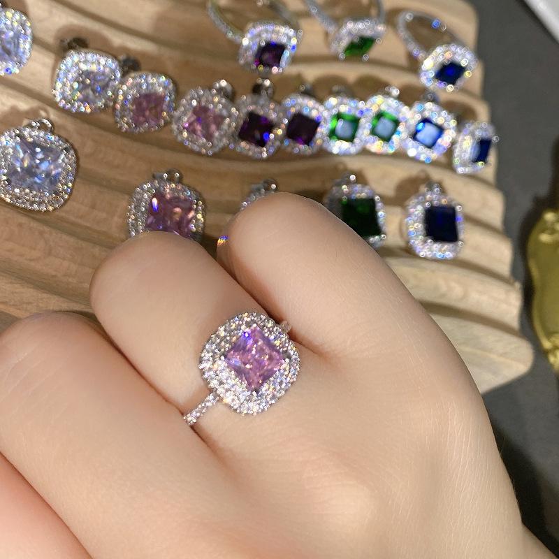 Purple & Pink Gemstone Jewelry Set: Grape Stud Earrings and Asscher Cut Adjustable Ring