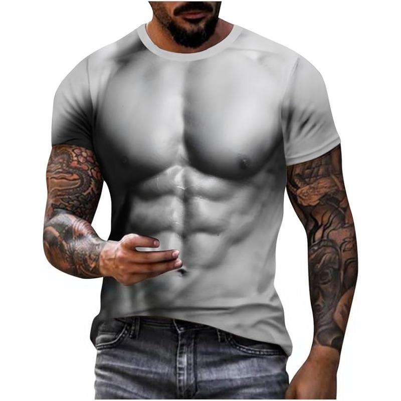 Muskel-T-Shirts für Herren Fake-Bauchmuskeln T-Shirt Lustige Kurzarm 3D Grafik-T-Shirts Lässige Slim-Fit Sommer-Oberteile