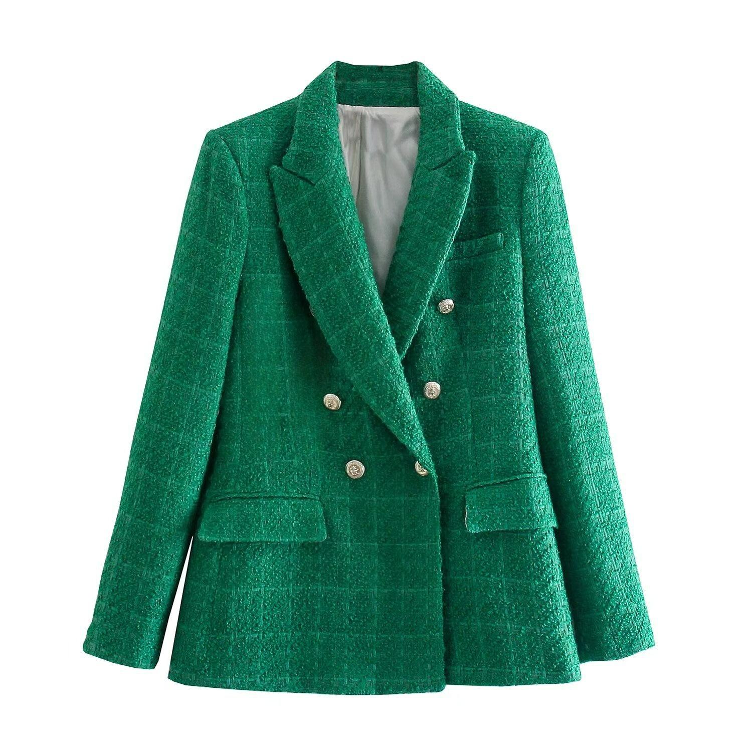 

Women s Spring and Autumn Fashion Double-breasted Tweed Plaid Suit Jacket Retro Long-sleeved Pocket Suit Jacket XS зелёный