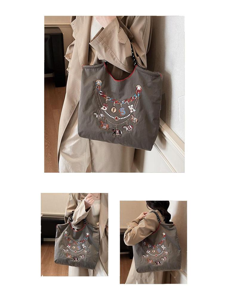 2026 Spring Japanese Style Eco-friendly Nylon Embroidered Tote - Large Capacity Casual Single Shoulder Bag for Women