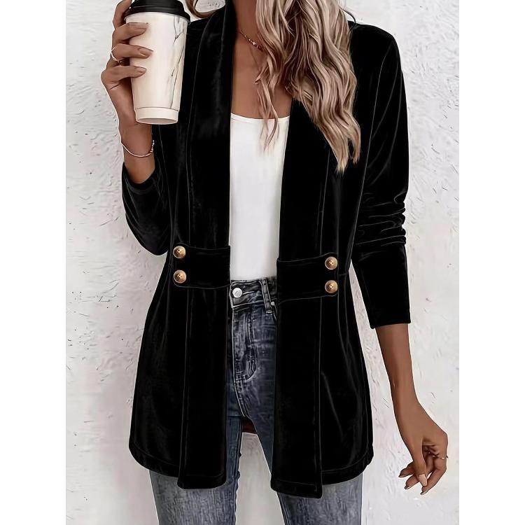 Women Velvet Long Sleeve Cardigan Double Breasted Gold Button Casual Longline Outerwear