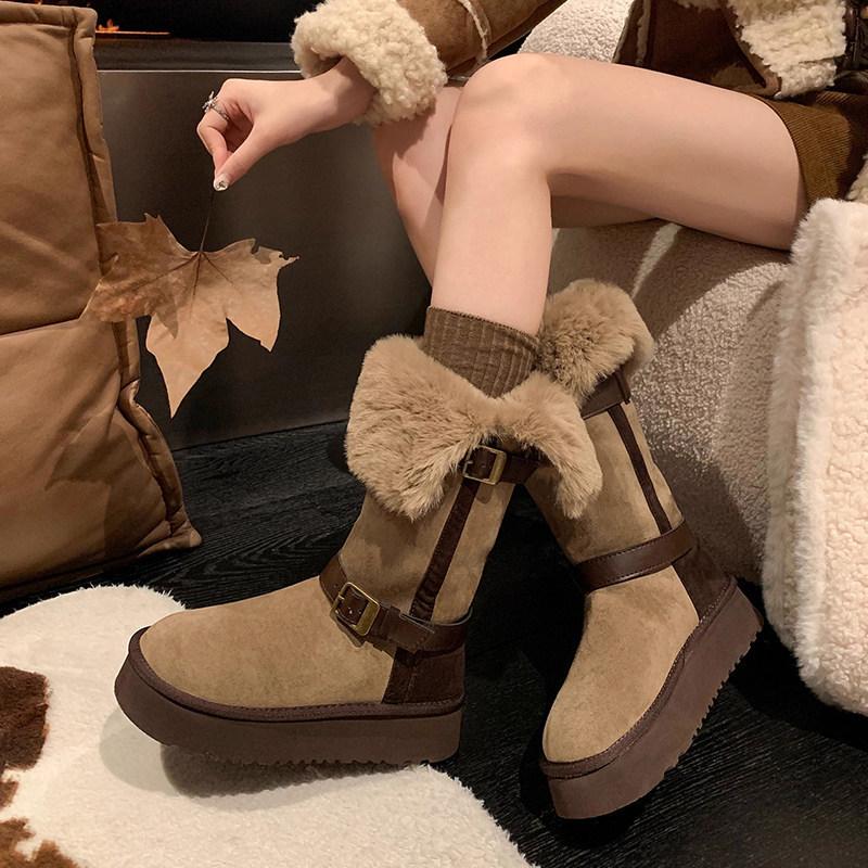 Two wear thick-soled high-tube snow boots 2025 winter new thick-soled piled thickened warm boots cotton shoes 40 хаки