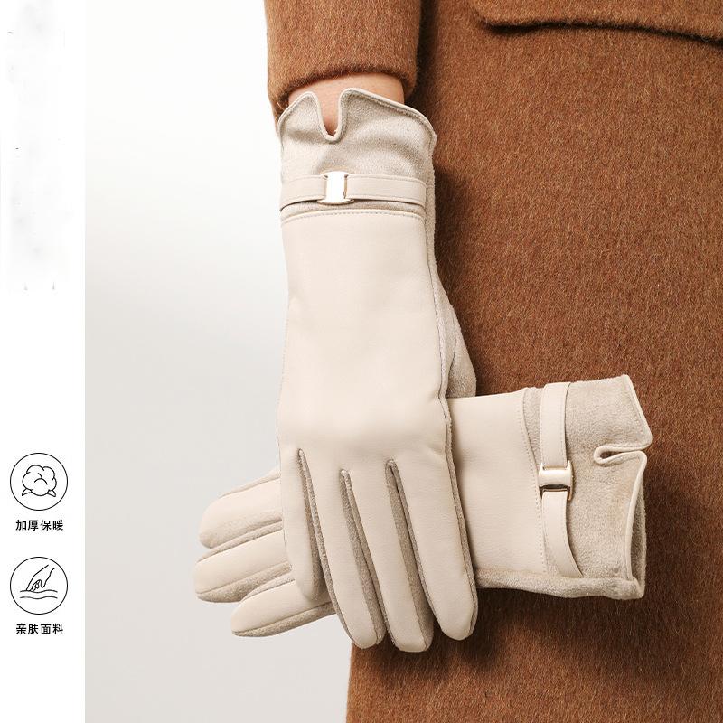 2025 leather gloves women's warm velvet thickened winter driving gloves