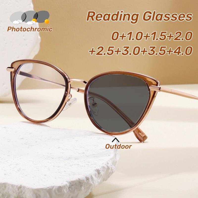 Fashion Cat Eye Photochromic Reading Glasses Women Ultra Light Presbyopia Diopter 0 To +4.0 Personalized Grade