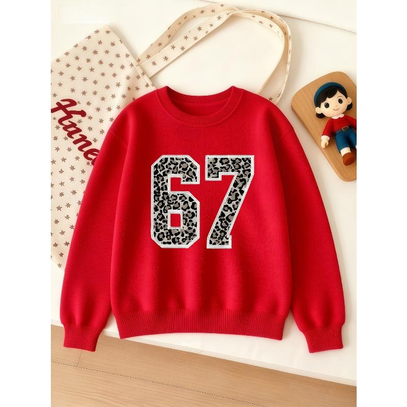 Kids Unisex Crewneck Sweatshirt, Leopard Print Stitched Outline Varsity 67 Number Long Sleeve Pullover,  Sweatshirt for Boys Girls Over 4 Years Old