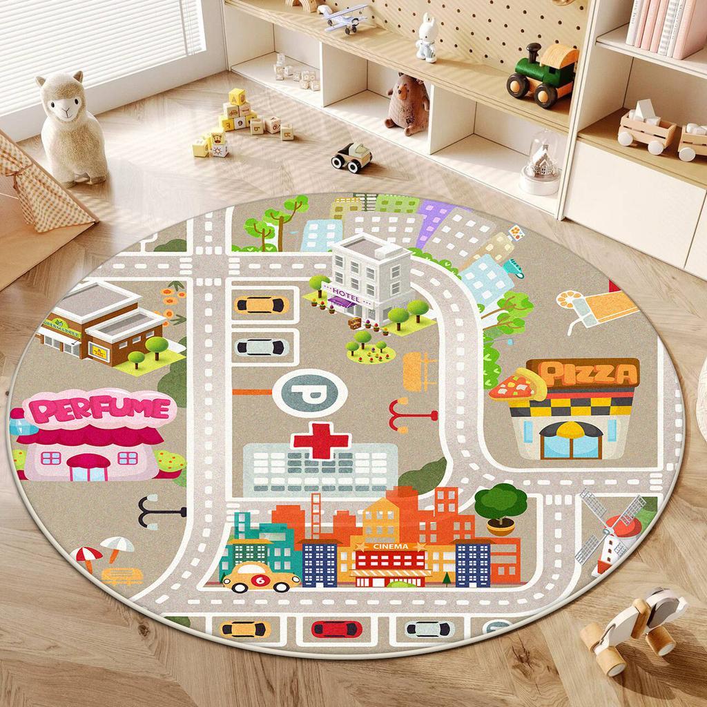 Children Round Carpet Living Room Cute Home Decoration Washable Road Play Rug Bedroom Bedside Antiskid Baby Crawling Mat Floor
