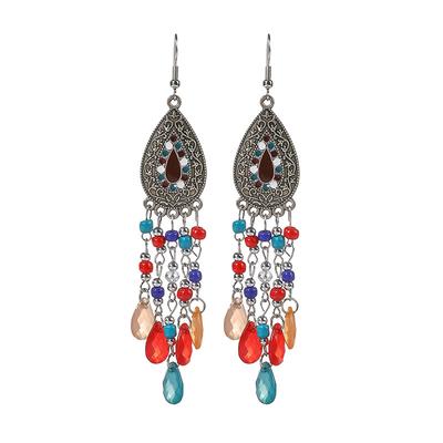 Pendientes largos con flecos Pendientes de gota de agua bohemios con flecos Pendientes de botón de estilo étnico vacacional