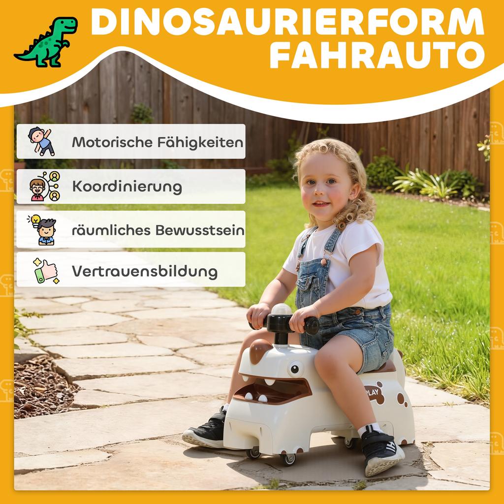 Kids Ride On Car, Dinosaur Foot To Floor Slider with Storage, Toddler Walker with Light, Sounds, Cream
