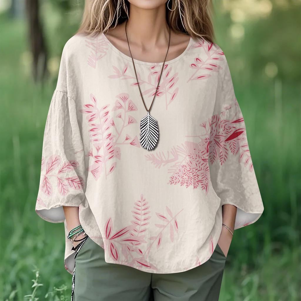 Summer Tops For Women Cute O Neck 3/4 Sleeve Blouses Floral Print Top Casual Shirts
