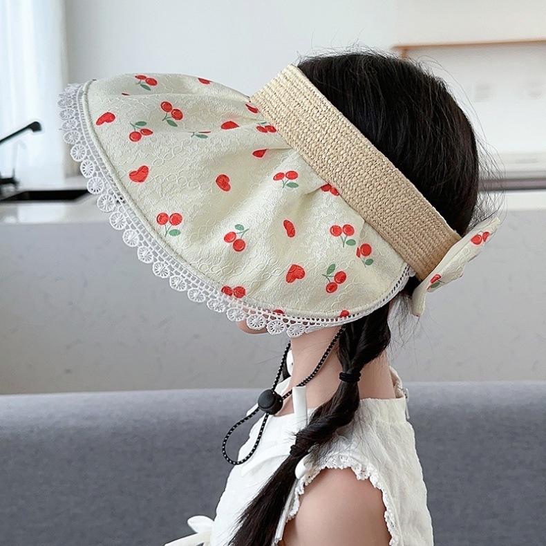 Spring Summer Hats For Girls Children Lace Flower Empty Top Sun Hat Outdoor Adjustable Foldable Sunhat Casual Beach Travel New