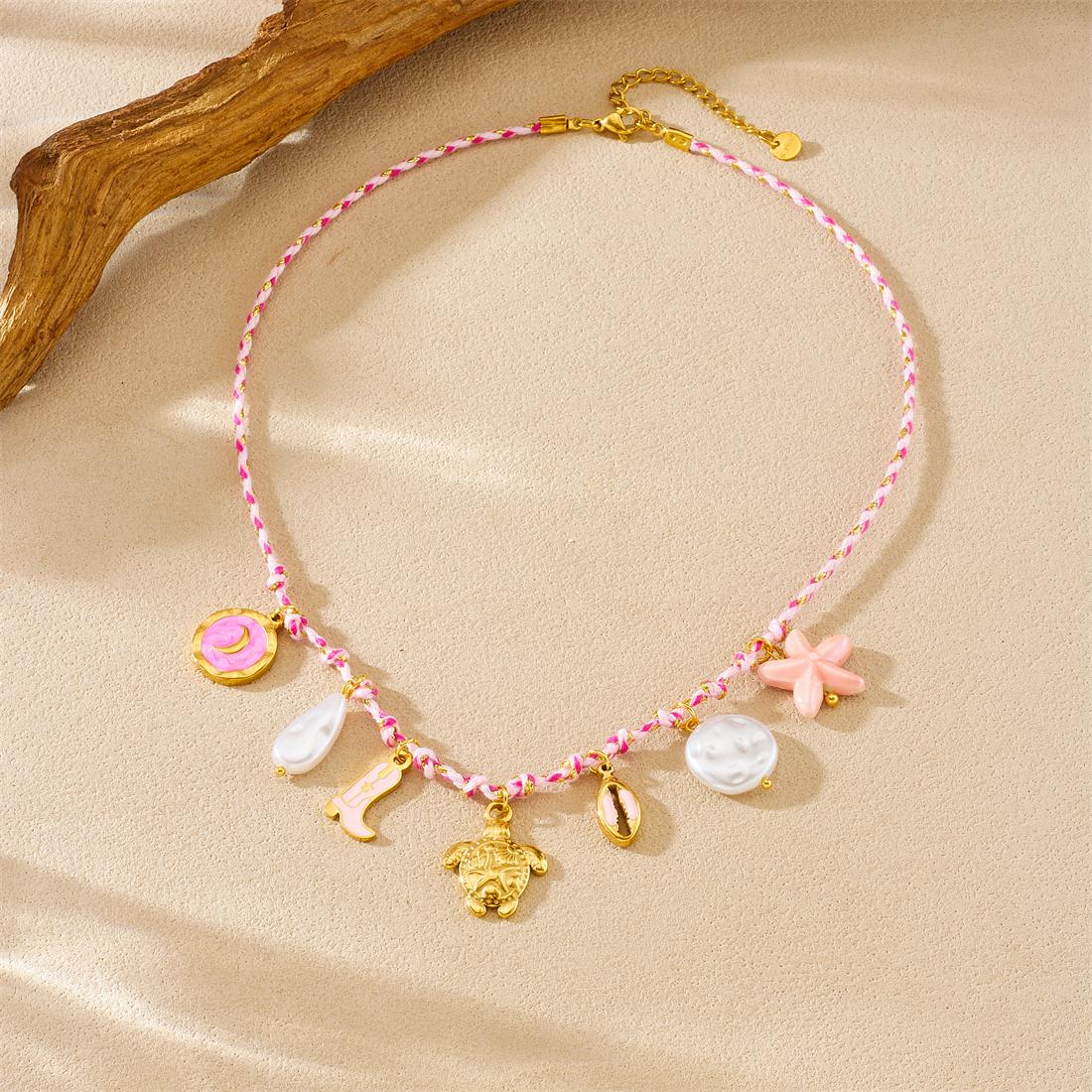 

316L Stainless Steel Pink Rope Chain Starfish Tortoise Boots Moon Pendant Necklace Women Romantic Elegant Neck Chain