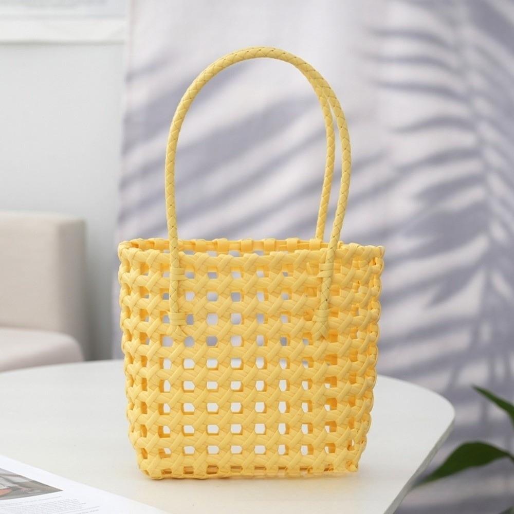 Women Plastic Material Hollow Weave Bag Woven Design Soft Handle Basket Bag Candy Color Large Capacity Beach Tote Bag Vacati