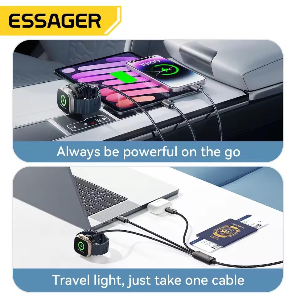 Essager Kabel do ładowania 3 w 1 100W Multi USB C dla Apple iWatch iPhone 16/15/14/13 Pro z kablem do szybkiego ładowania Type C Lightning