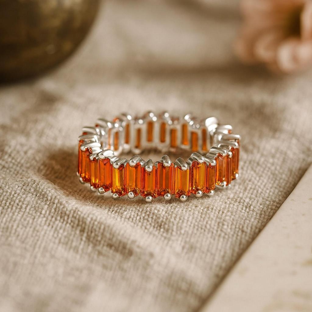 Yellow Gold Plated 925 Sterling Silver Garnet Eternity Band – Baguette Cut Red Stone Wide Statement Ring, Wedding & Anniversary Jewelry for Women