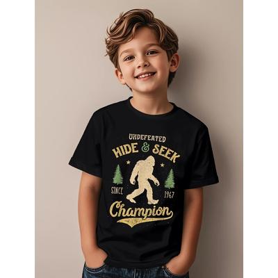 Europäische Größen Lustiges Sasquatch Verstecken-Meister T-Shirt - Retro Lässiges Baumwoll-T-Shirt, Weiches Rundhals Kurzarm-Oberteil Geeignet für Kinder