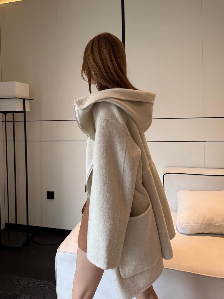 Damen Koreanischer Kaschmirmantel mit Kapuze und Reißverschluss, doppelseitig: Einfarbig, Mittellang, Vielseitig und Verdickt Lockeres Oberbekleidungsstück.