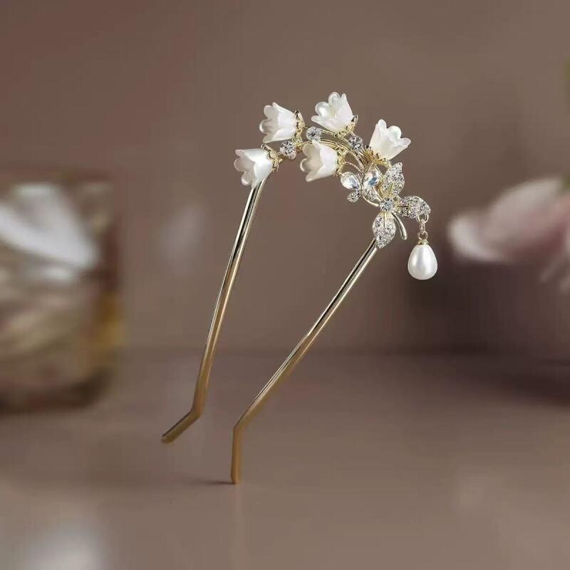 Chinese Hanfu Hair Accessories Long Tassel Vintage Lily Of The Valley U-Shaped Hairpins Flower Handmade Hair Sticks For Women