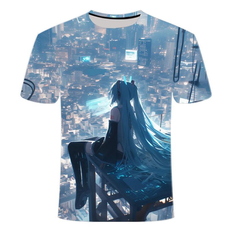 

Летняя новая футболка с круглым вырезом и 3D-принтом 2024 года с коротким рукавом из популярной серии мультфильмов Хацунэ Мику для мужчин 6XL