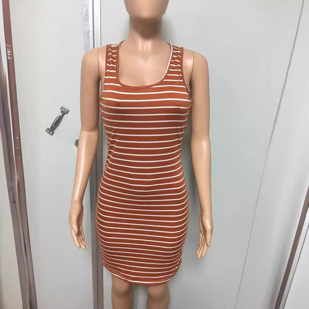 Women's Round Neck Sleeveless Striped Tank Midi Dress Loose Waist Casual Bodycon Knit Dress
