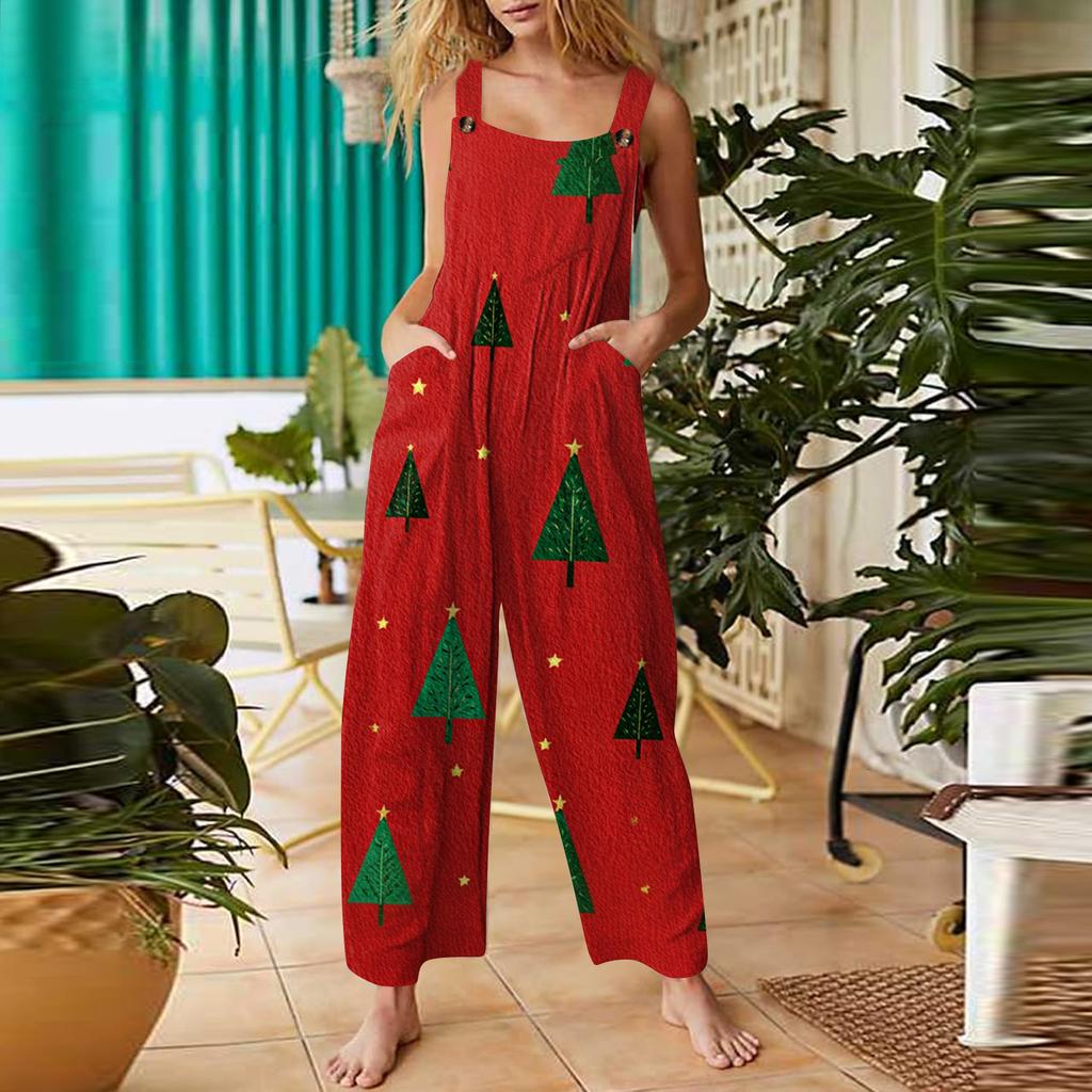 Women's Casual Jumpsuit Sleeveless Christmas Printed Cotton Jumpsuit