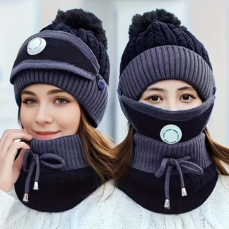 2025 3-teiliges Masken-, Hut- und Schal-Set für Damen, Herbst und Winter, Mütze, verdicktes Fleece, warm, Ohrenschutzkappe, Set mit extra Flausch