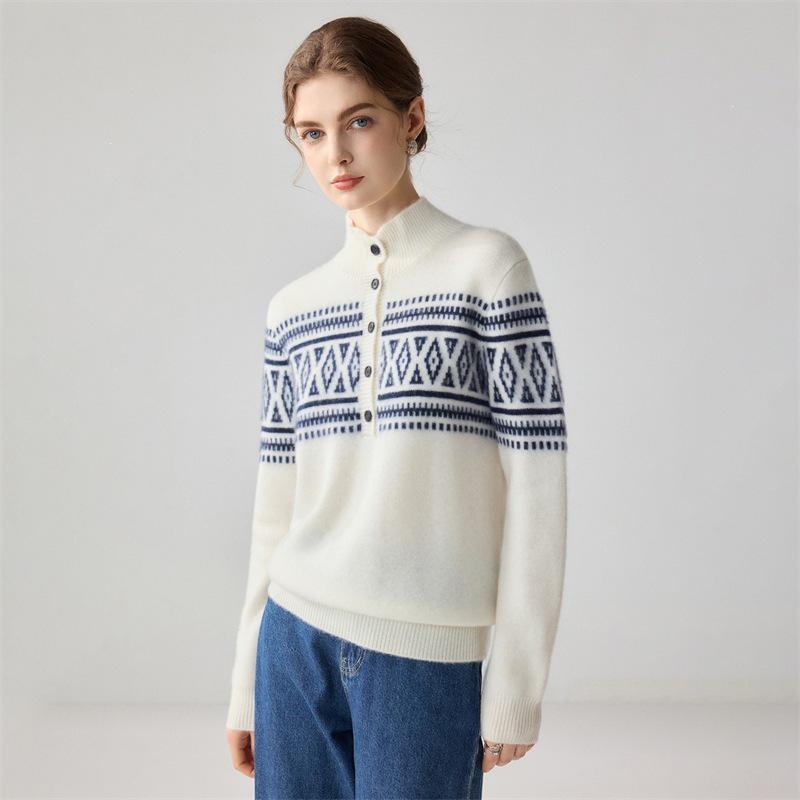 Women's Ethnic Style Fair Isle Jacquard Cashmere Half-Zip Sweater - Loose Fit, Thick Knit Winter Top