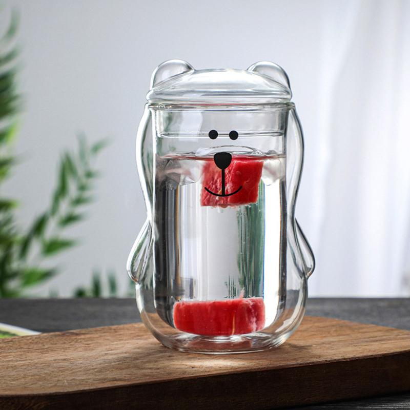 300ml Kreativer Bär Doppelbecher Personalisierte Kaffeetasse mit Deckel Transparente Glas Kaffeetasse Niedliche Cartoon Bernstein Bär Tassen