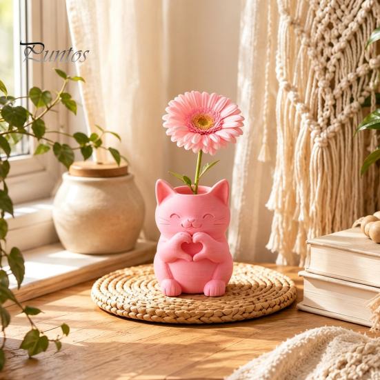 Gifts for Cat Lovers 3D Printed Vase, Cute Smiling with Heart?Hand Gesture Flower Holder, Creative Housewarming Presents Animal Shaped Desktop