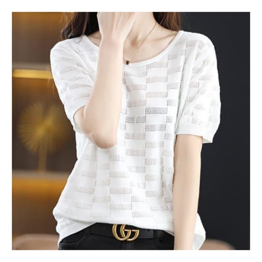 Navava Women Simple Daily Punching Check Short Sleeve Knit Nk2075