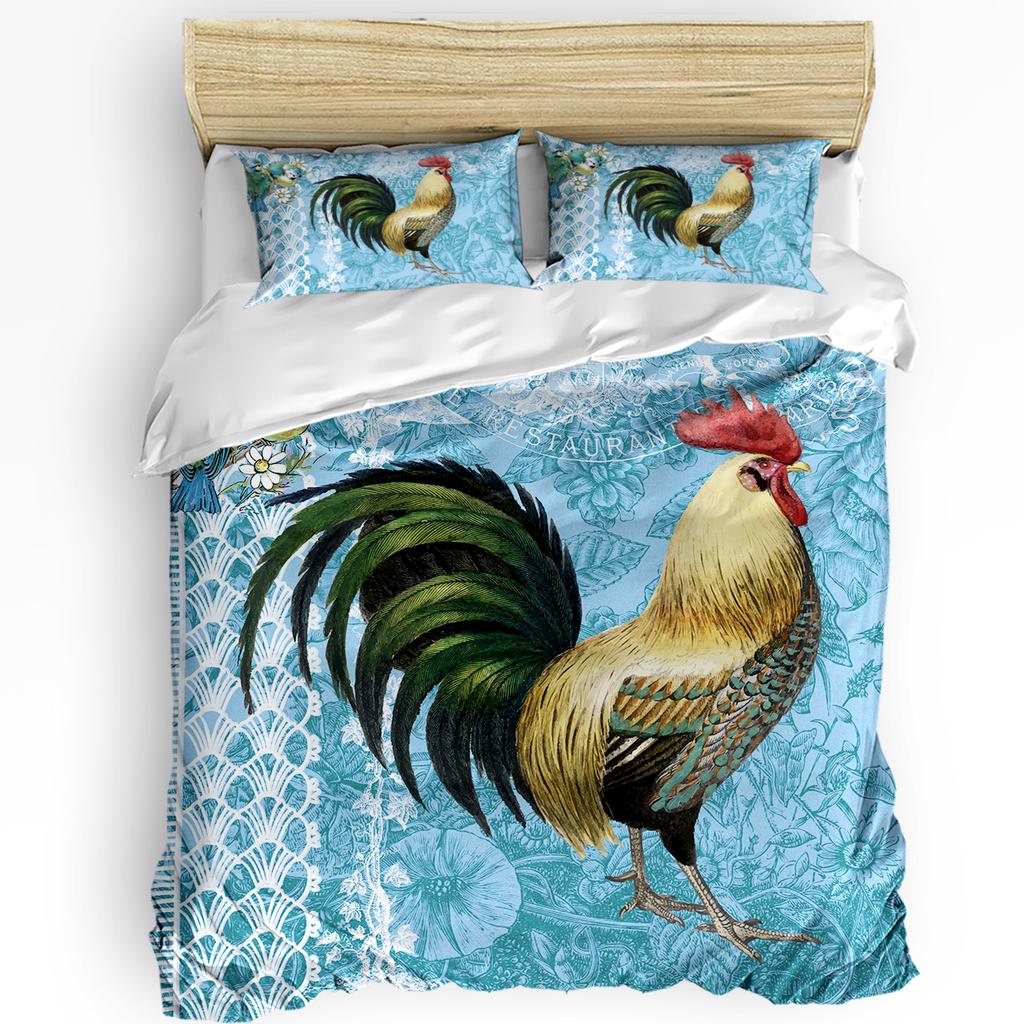 Juego de Funda Nórdica Retro de Gallo y Gallina de Granja 3 Piezas Ropa de Cama Personalizada Funda de Colcha para Cama Doble Textil para el Hogar