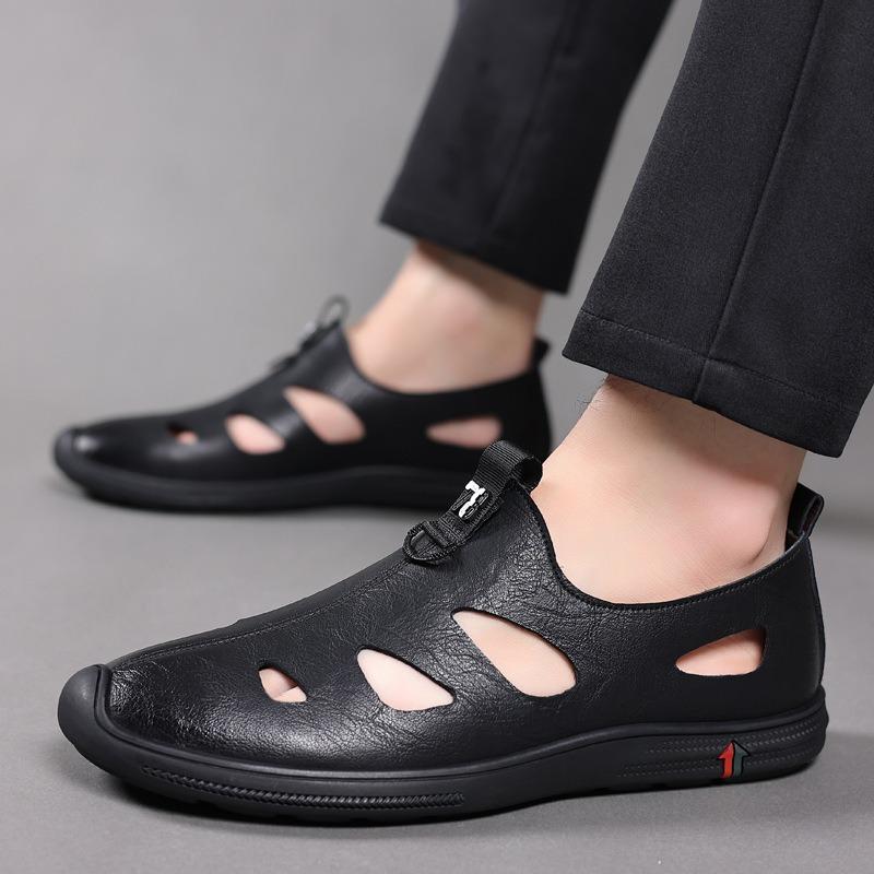 Baotou sandals men's casual little white shoes hollow leather shoes men's tide breathable hole shoes genuine leather sandals