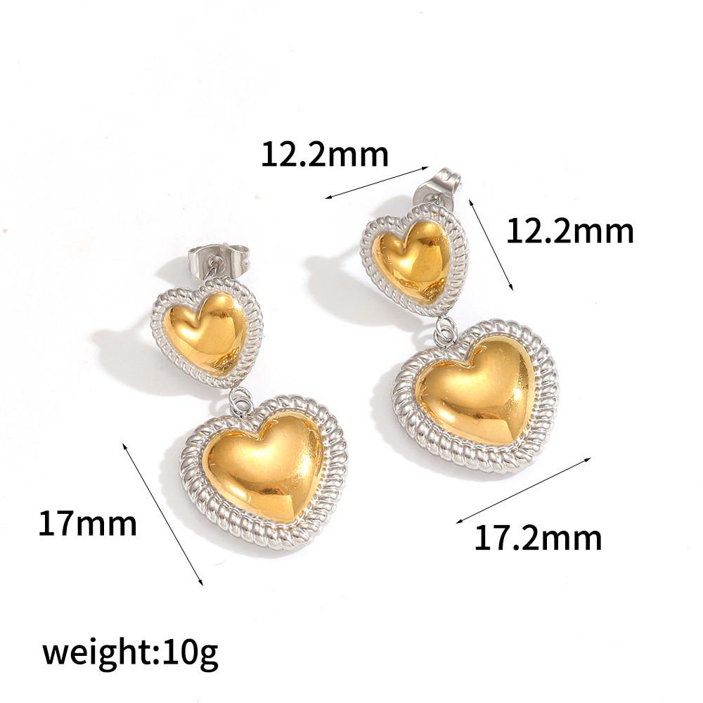 Stainless Steel Heart Layered Earring Set With Geometric Pendant For Women