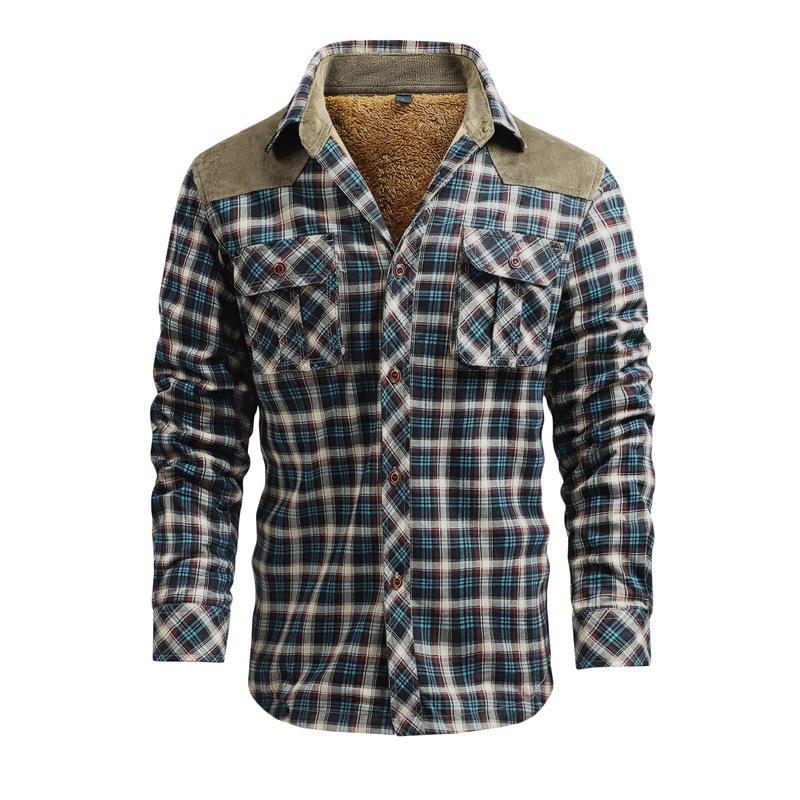

Fleece Thickened Shirt Men s Long-sleeved Plaid Shirt Casual Tooling Jacket XXXL синій