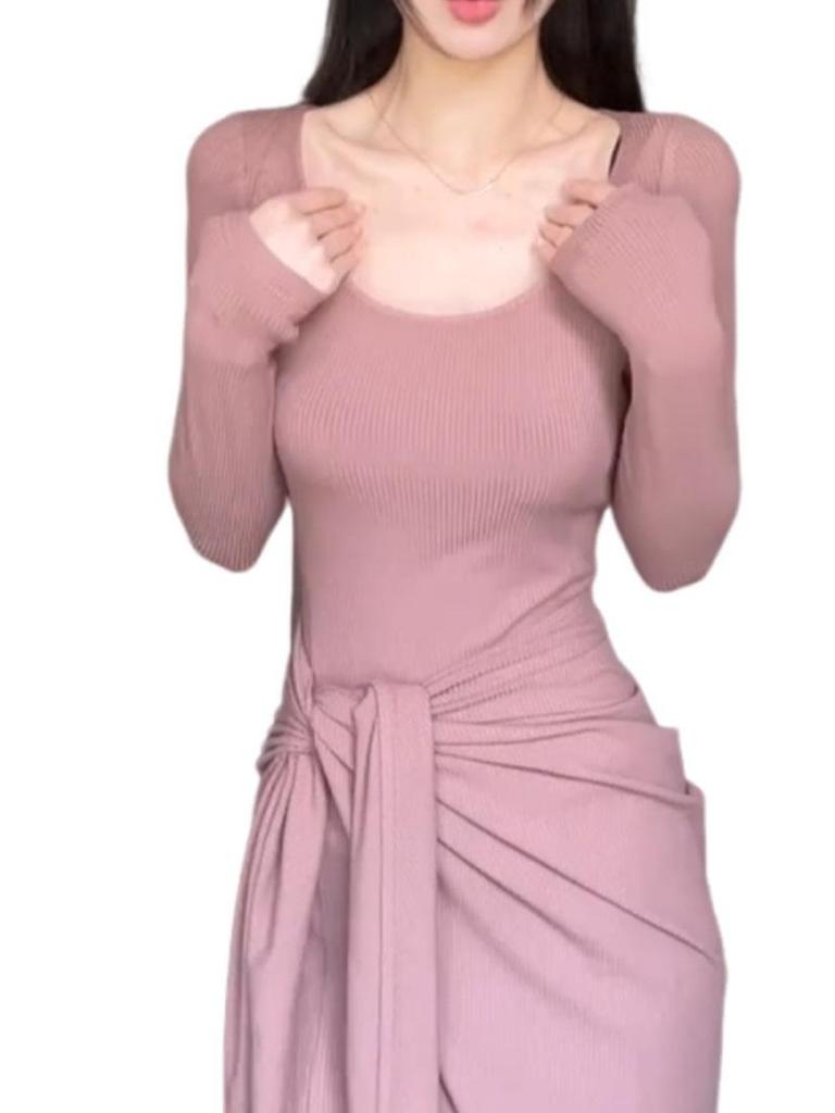 French Pink Knit Tie-Up Dress – Women's High-End Waist-Cinched Long Dress for Autumn/Winter 2025