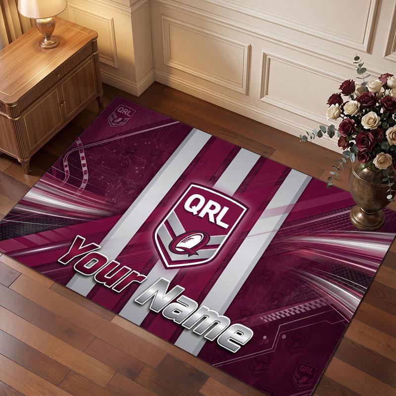 Tappeto in Cristallo Vellutato Personalizzato Queensland Maroons, Tappeto Morbido Antiscivolo con Testo Nome Personalizzato per Soggiorno Camera da Letto
