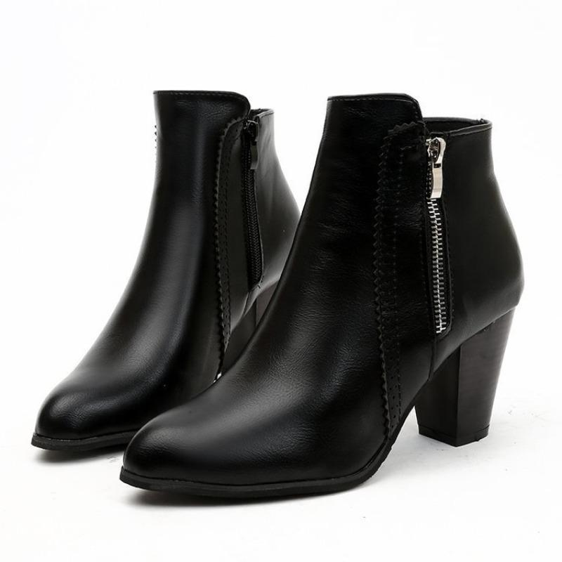 Vintage Leather 8cm Square Heel Side Zipper Short Boots Large Size Thickened Ankle Boots Pointed Toe High-heeled Women Shoes