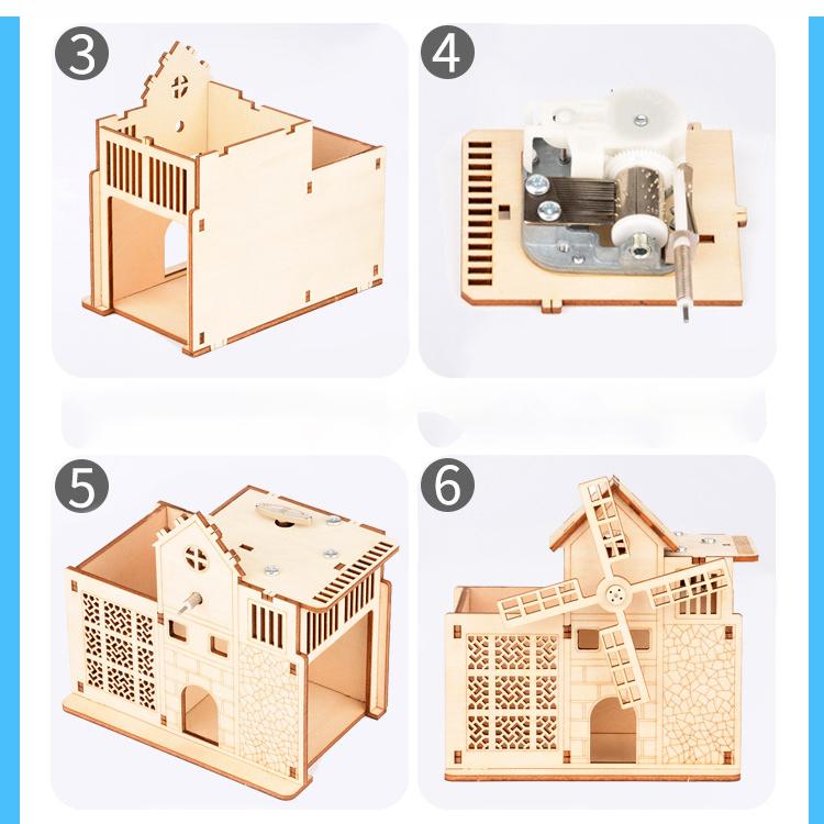 Children's Creative DIY Model Wooden Puzzle 3D Puzzle Board Big Windmill Clockwork Sound Pen Holder, Music Box 117mm * 117mm * 75mm