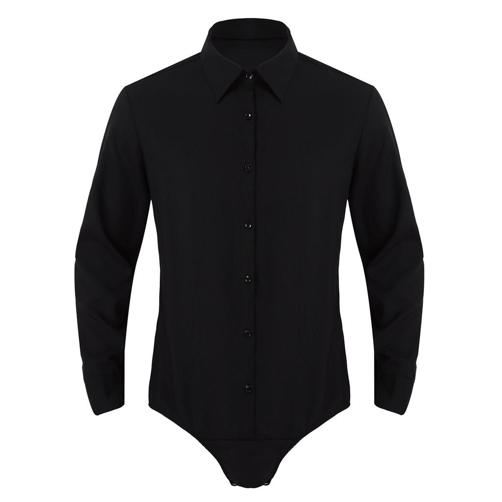 Men‘s One-Piece Casual Bodysuit: Turn-Down Collar Long Sleeve Button Down Solid Color Shirt Top for Daily Wear