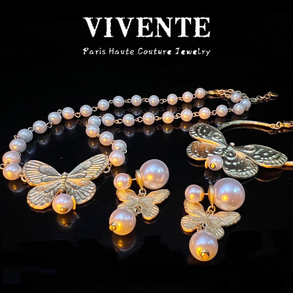 Elegant French Butterfly Jewelry Set: 24K Gold-Plated Copper Earrings, Clavicle Chain, and Bracelet