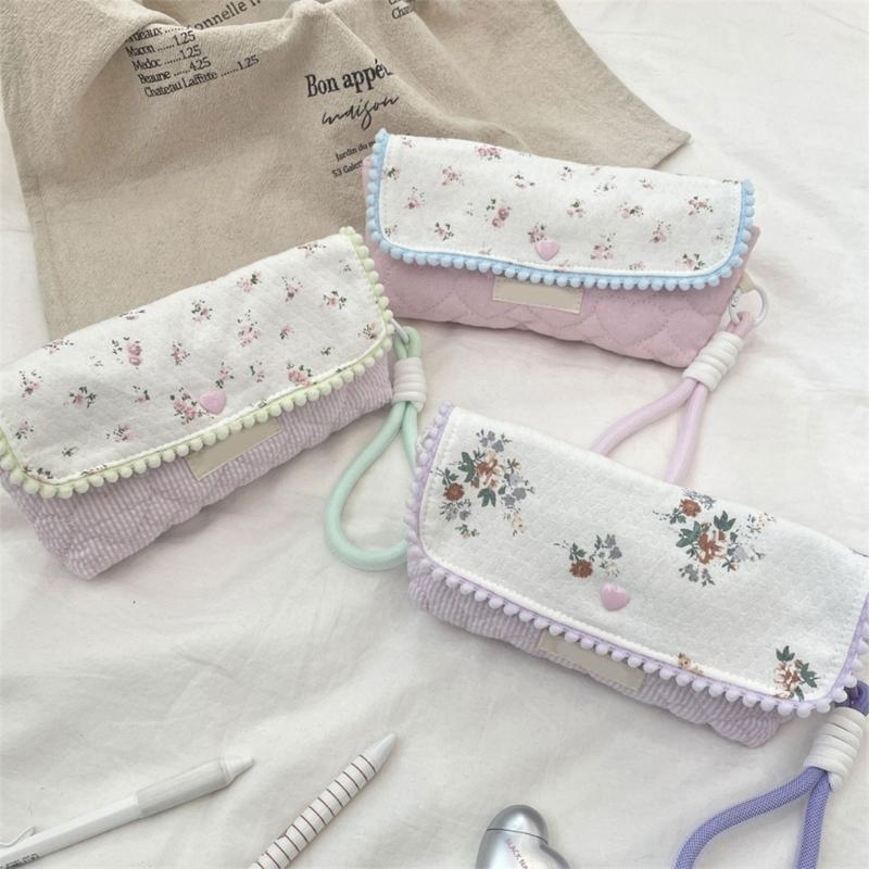 Flower Print Pen Bag with Lanyard Large Capacity Pencil Case Pen Organizers Pencil Pouches Travel Makeup Bag for Women