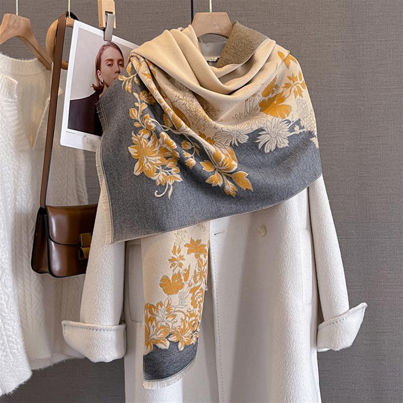Designer Winter Warm Cashmere Scarves Women Floral Print Thicken Pashmina Shawl Elegant Lady Wool Poncho Windproof Pareo