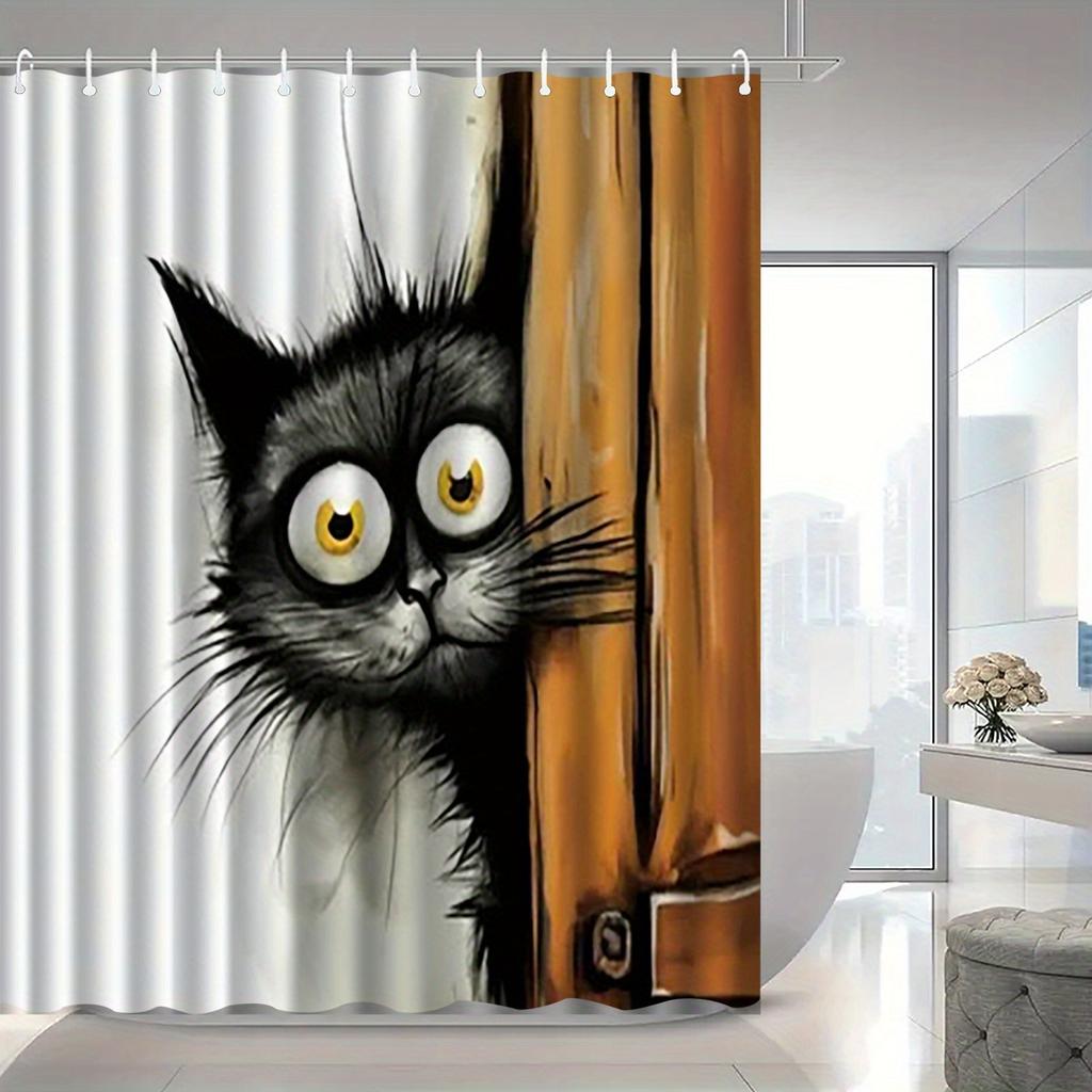 1pc Kitten Pattern Shower Curtain with Hook, Bathroom Partition, Bathroom Accessories, Home Decoration