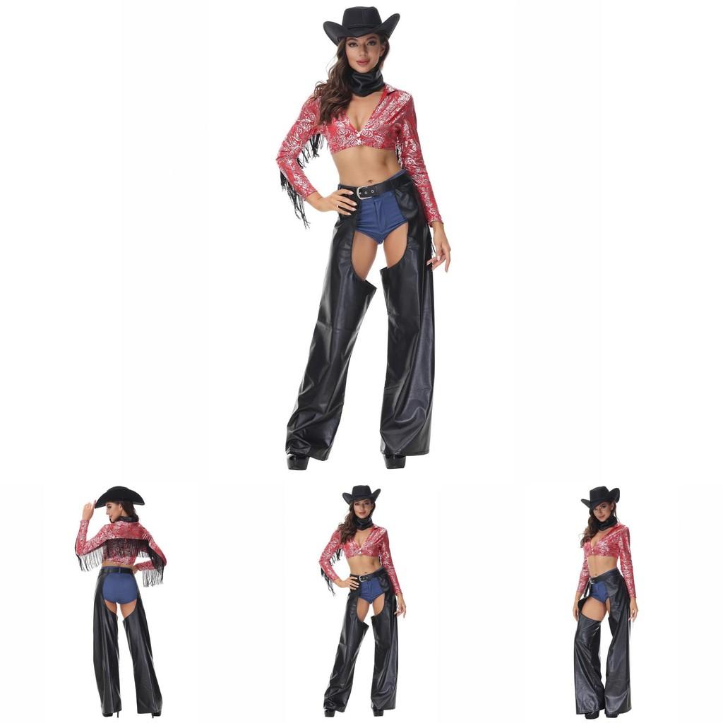 Sexy Tassel Western Denim Cosplay Clothing For Women Halloween Entertainment Cotton Blend Outfit