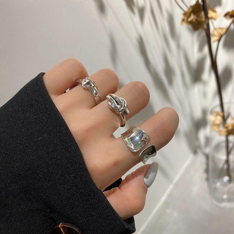 S925 Sterling Silver Heart & Chain Geometric Index Finger Ring Set