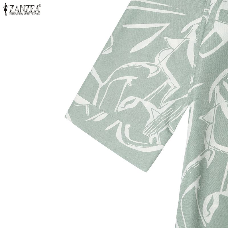 ZANZEA Women Elegant Stand Neck 3/4 Sleeve Loose Floral Printed Swing Long Dress