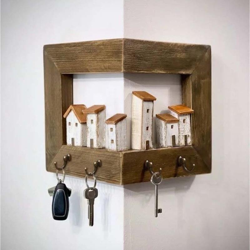 Solid Wood Wall-Mounted Keychain Hanger and Storage Rack with Hooks