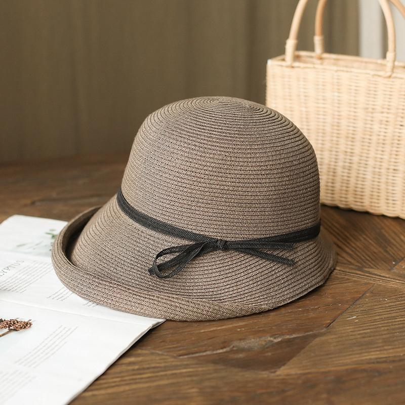 

GEMVIE Elegant Summer Beach Bucket Hats for Women Foldable Wide Brim Bowknot Straw Bucket Sun Hat 56-58cm сірий