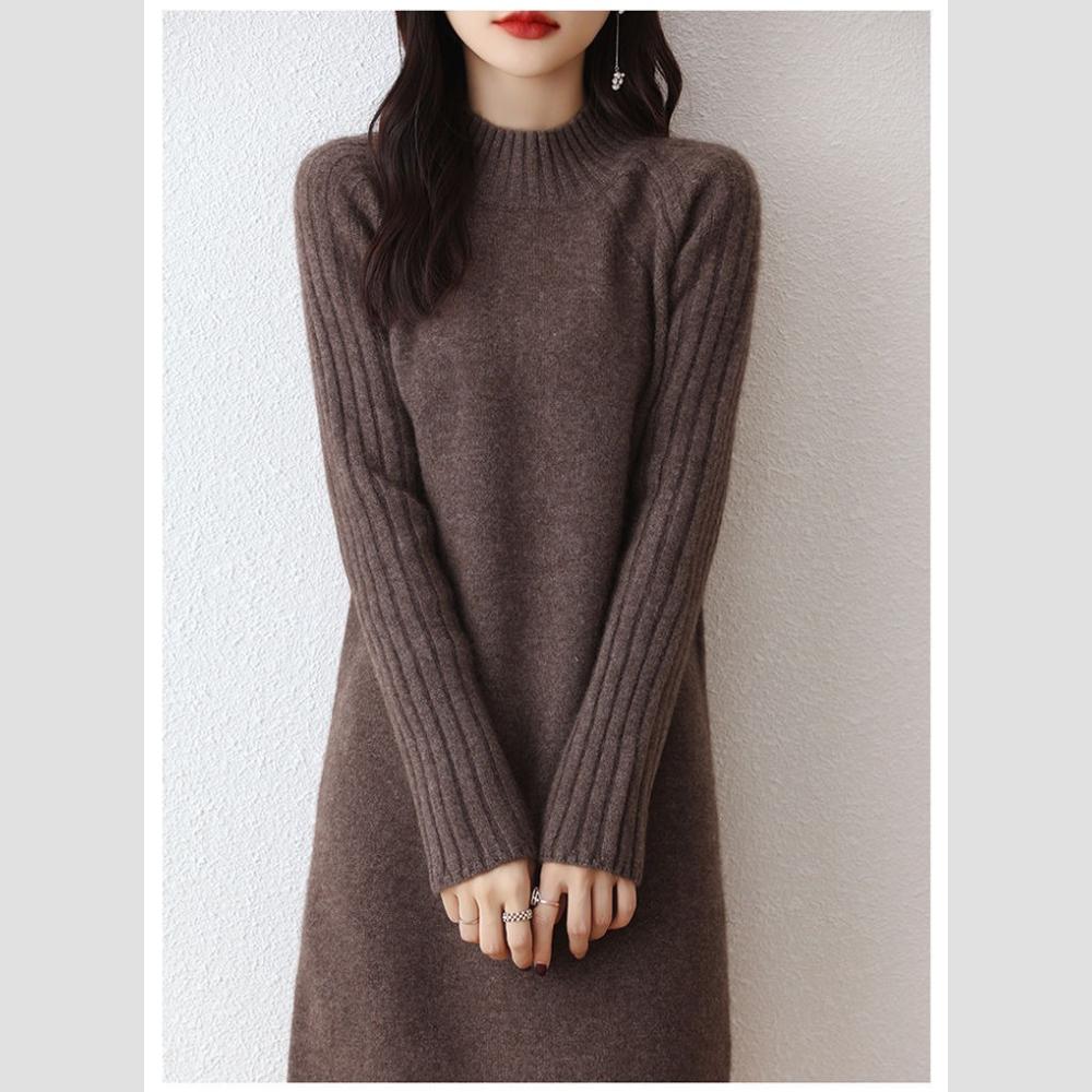 

Вязаный свитер средней длины женский осенне-зимний однотонный повседневный с полувысоким воротником платье-свитер женский свободный пуловер с длинным рукавом XL коричневый