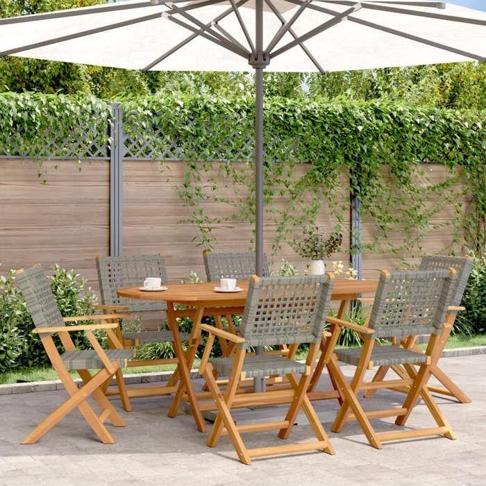 VidaXL Folding Garden Chairs Set of 6 Grey Poly Rattan Solid Wood, Garden Seat, Patio Chair, Dining Chair of 3214560